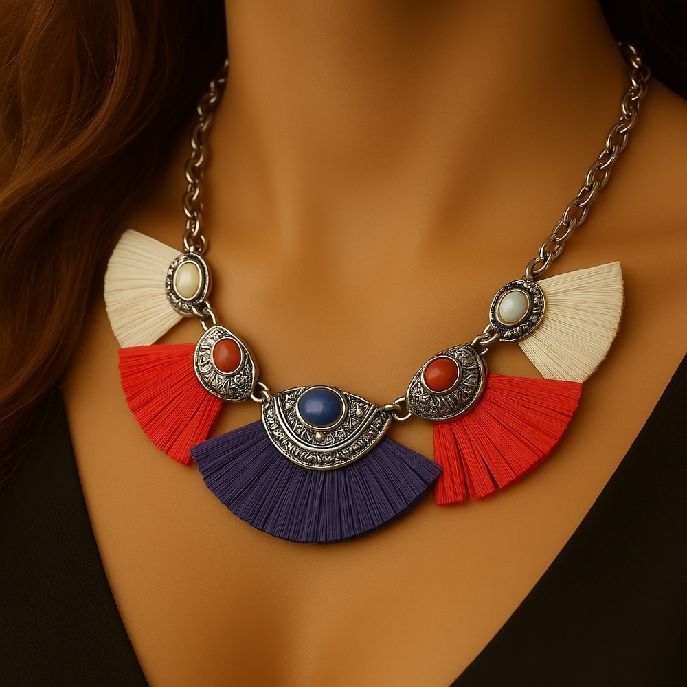 Erica Lyons Necklace Silver, Colorful Red, Blue, White Stone - Fringed Statement